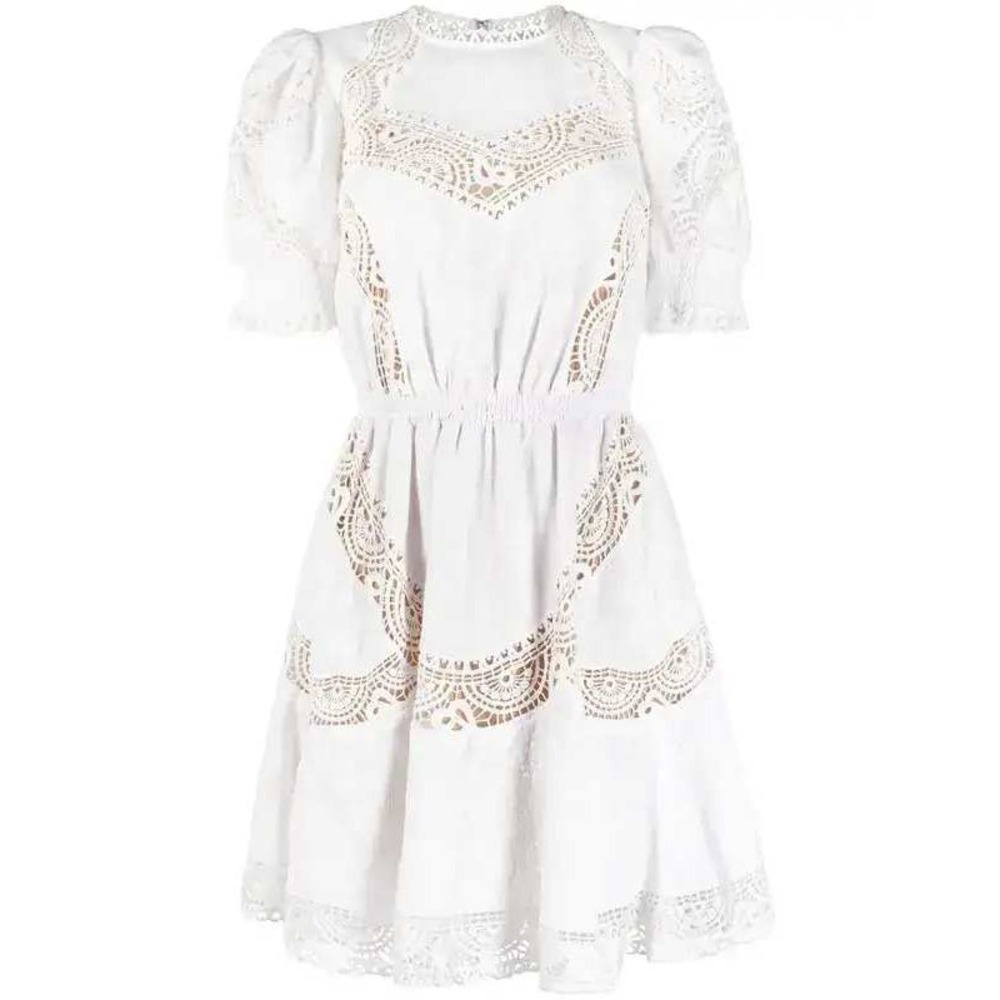 Michael Kors White Hemp Floral Eyelet Embroidered Puff Sleeve Smock Dress L